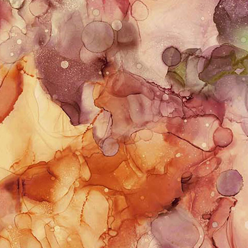 This fabric features a watercolor print in shades of orange and burgundy with a splash of olive green