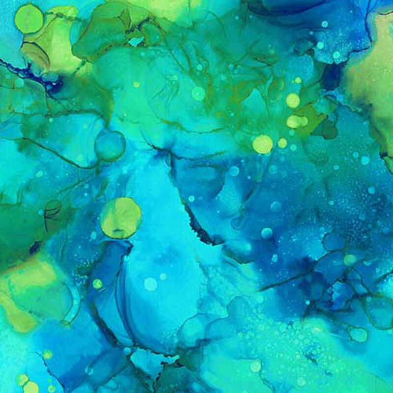 This fabric features a watercolor print in shades of aqua, green, and blue with a splash of yellow