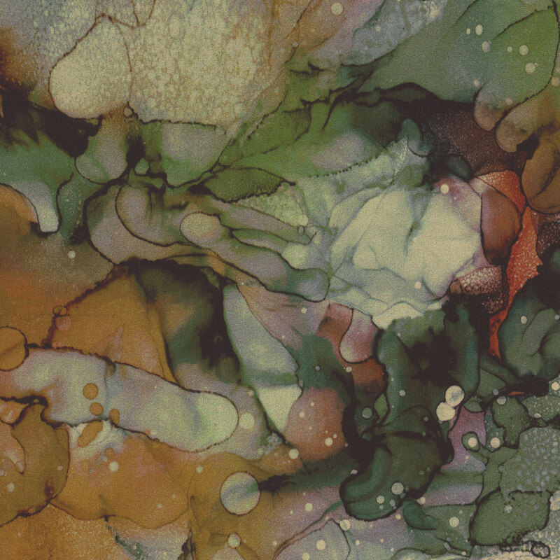 A watercolor print in shades of olive green and tan with a splash of brown.