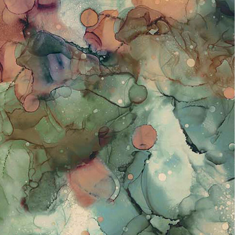 This fabric features a watercolor print in shades of green, tan and brown with a splash of teal