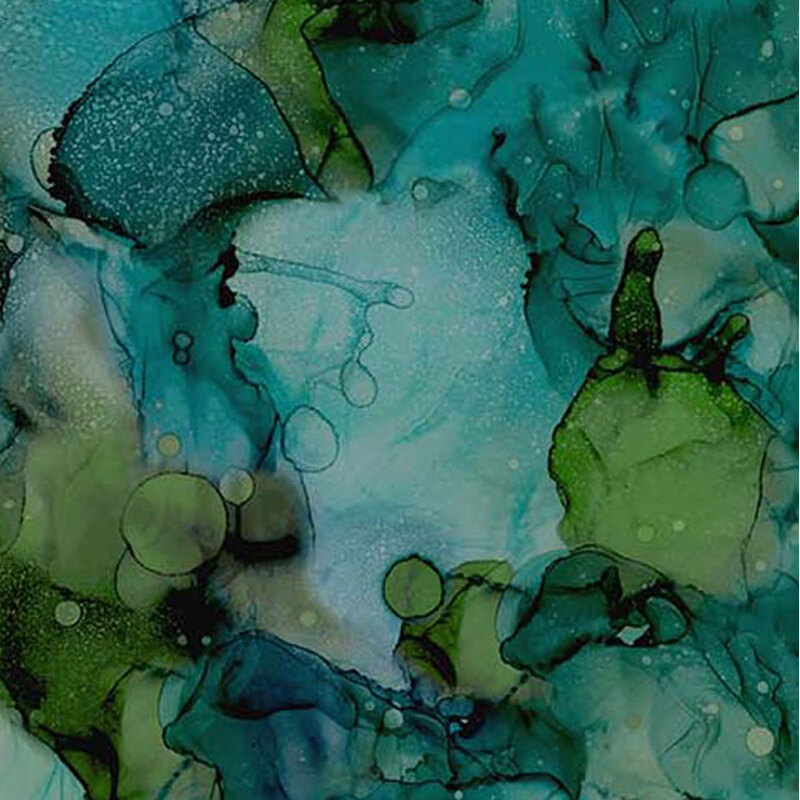 This fabric features a watercolor print in shades of teal and aqua with a splash of army green