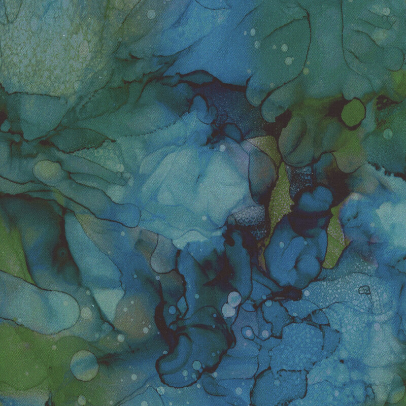 A watercolor print in shades of teal and aqua with a splash of army green.