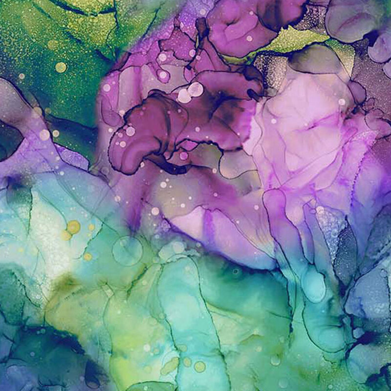 This fabric features a watercolor print in shades of purple, blue, pink, and green