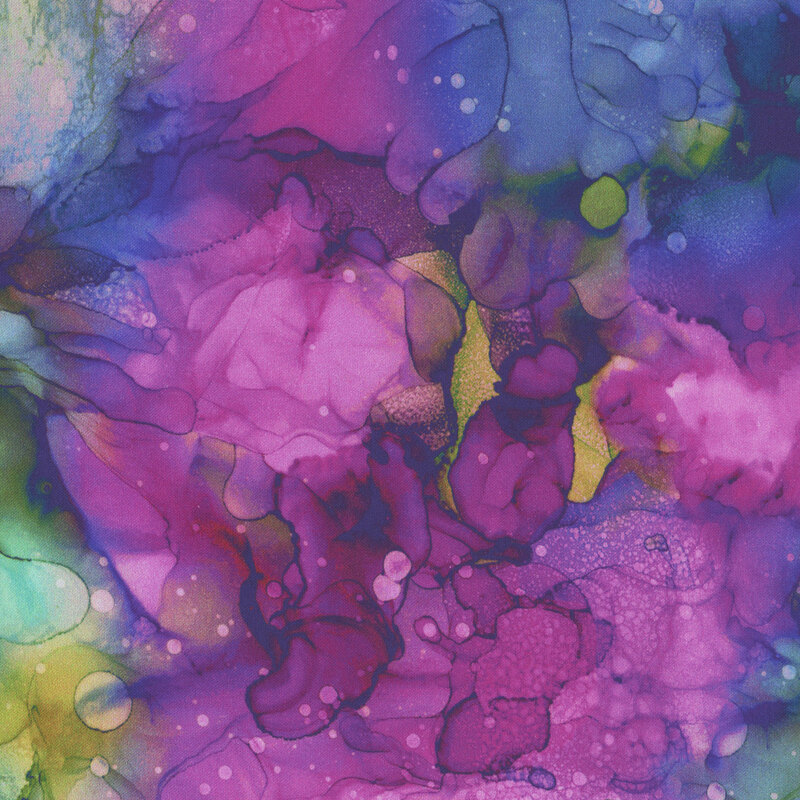 A watercolor print in shades of purple, blue, pink, and green.
