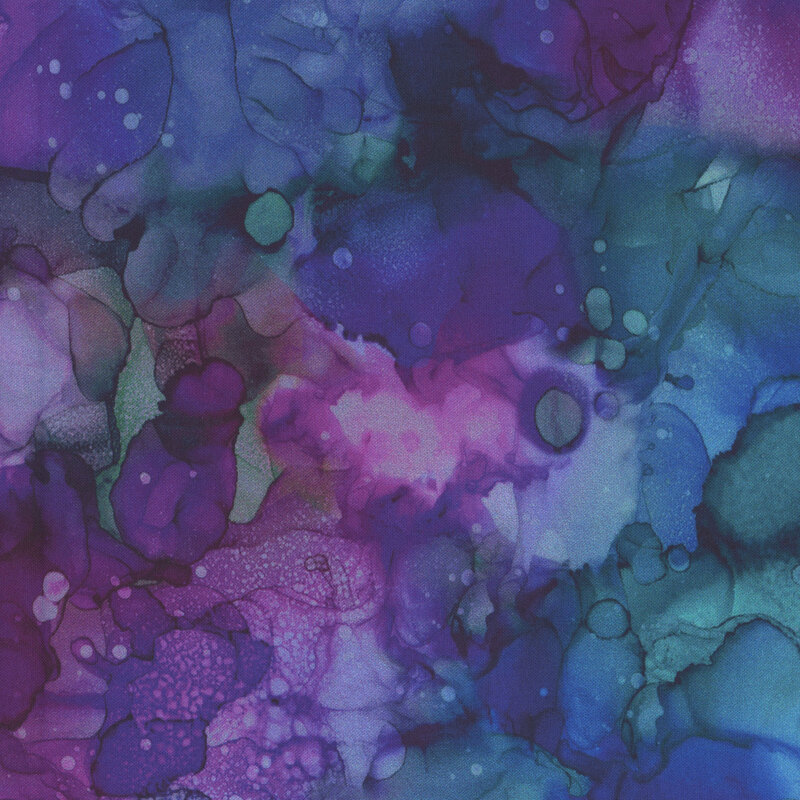 A watercolor print in shades of purple, aqua, and teal.