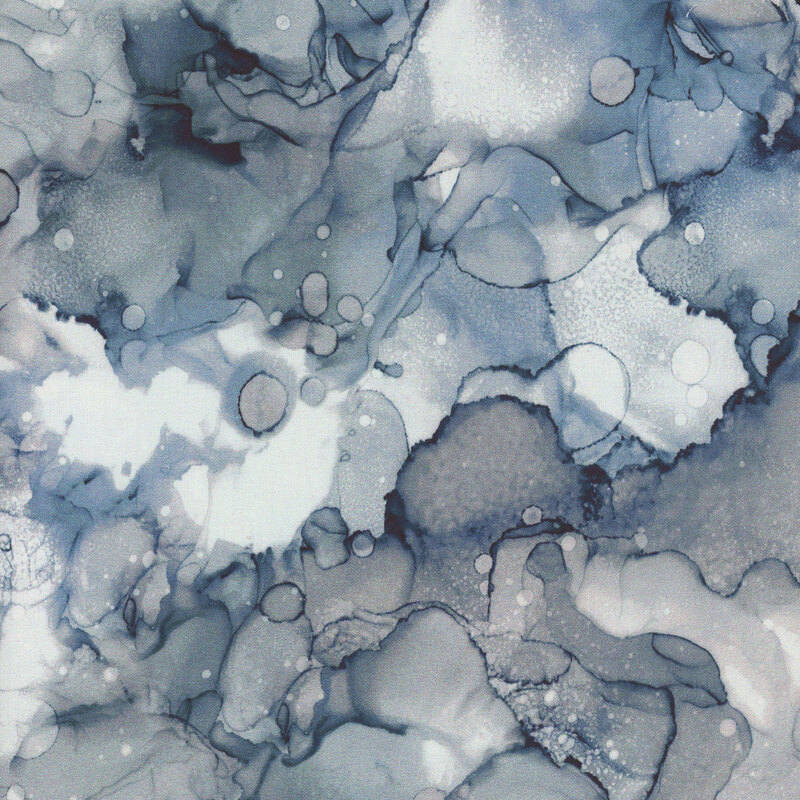 A watercolor print in shades of gray and white with a splash of blue-gray.