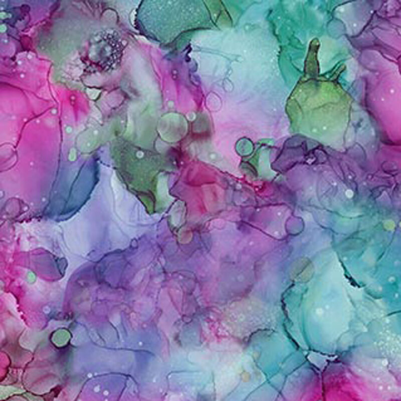 This fabric features a watercolor print in shades of purple pink and aqua with a splash of green