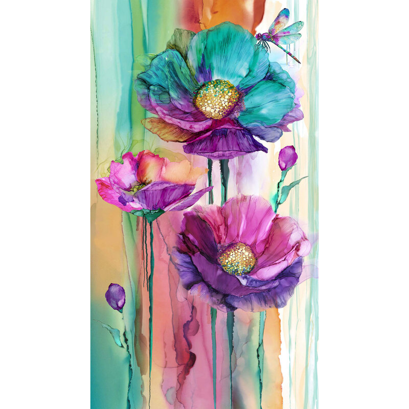 Full width of fabric image of the panel featuring watercolor poppies in jewel tones