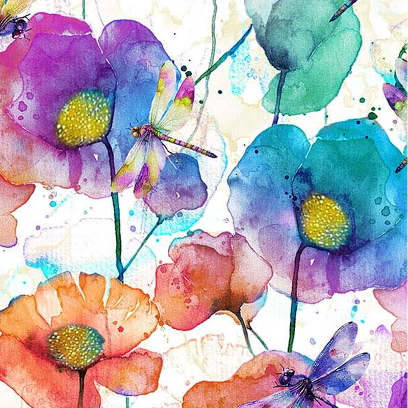 White fabric with watercolor style colorful poppies and dragonflies with streaks of water and splatters all over the background