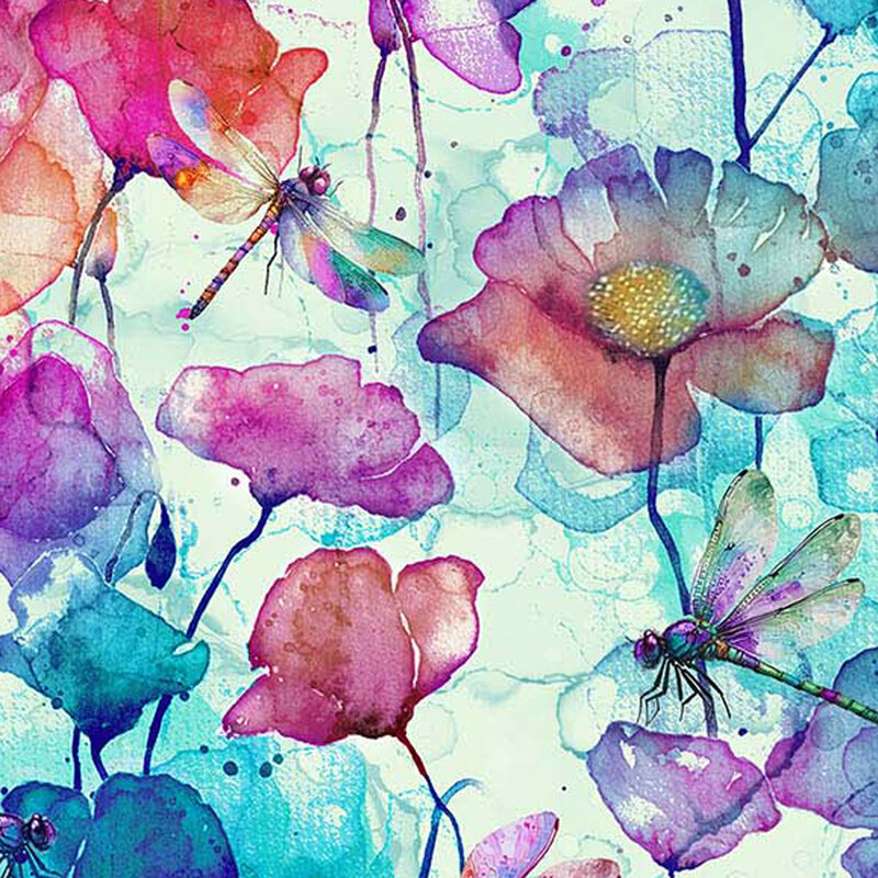 Teal washed fabric with watercolor style colorful poppies and dragonflies with teal and aqua water swirls in the background