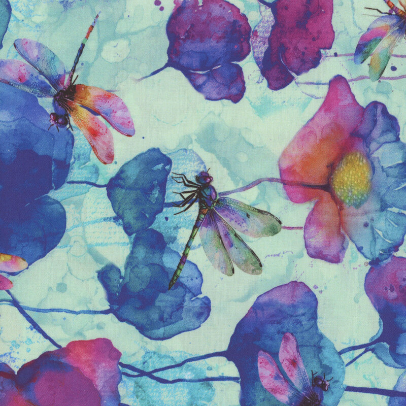 Aqua washed fabric with watercolor style colorful poppies and dragonflies with teal and aqua water swirls in the background