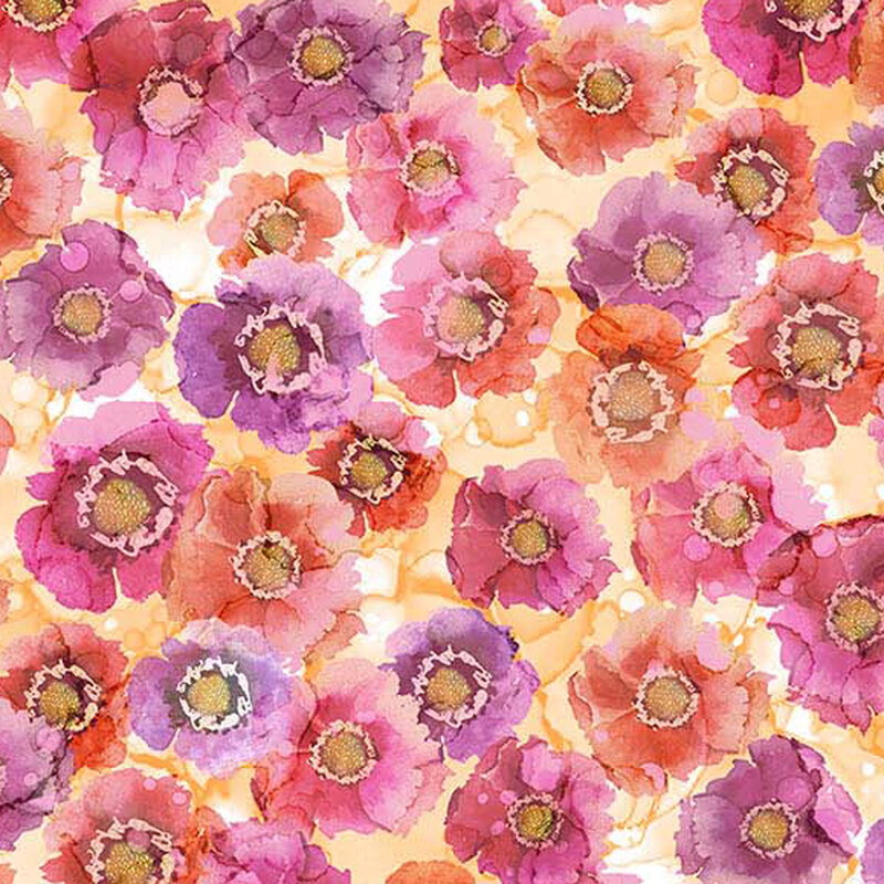 Yellow watercolor textured fabric with pink, purple, and orange cosmo-like flowers packed all over
