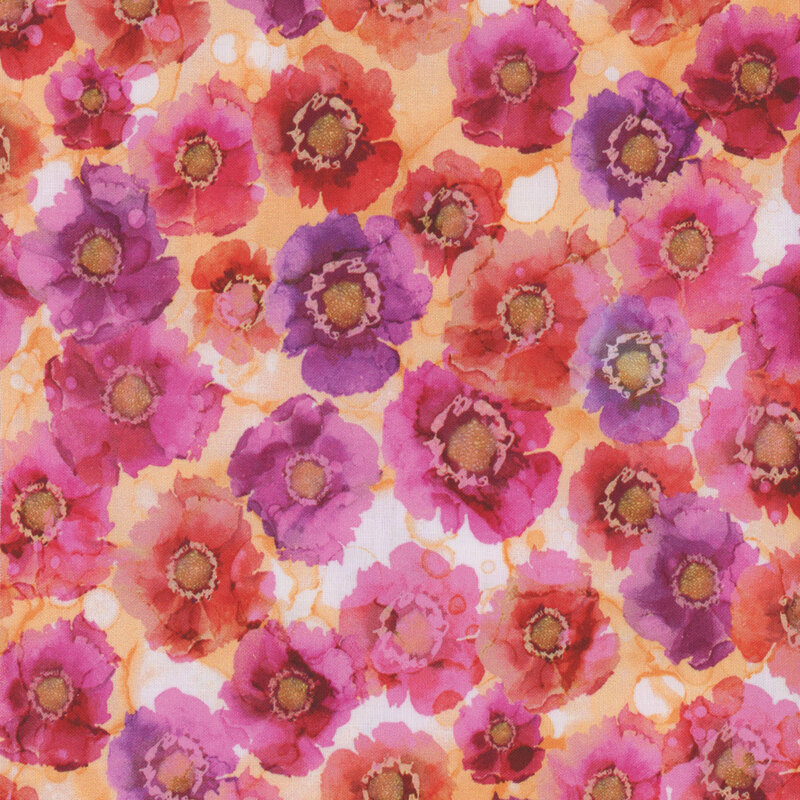 Yellow watercolor textured fabric with pink, purple, and orange cosmo-like flowers packed all over