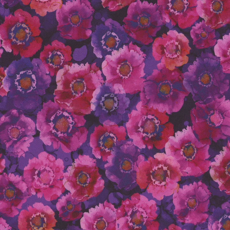 Purple watercolor textured fabric with pink, purple, and red cosmo-like flowers packed all over