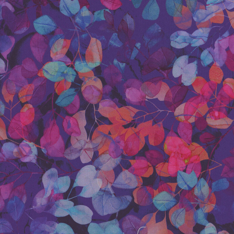 Purple fabric with aqua, pink, orange, and purple silhouettes of leafy branches packed in the foreground