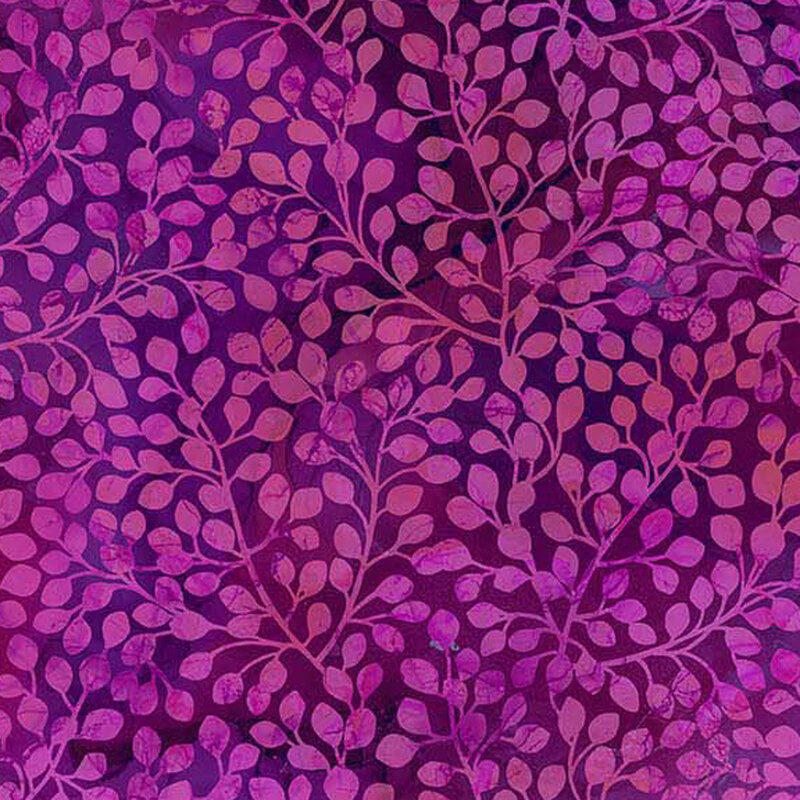 Purple and magenta fabric with magenta silhouettes of small leafy branches packed together