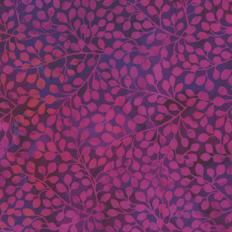 Purple and magenta fabric with magenta silhouettes of small leafy branches packed together