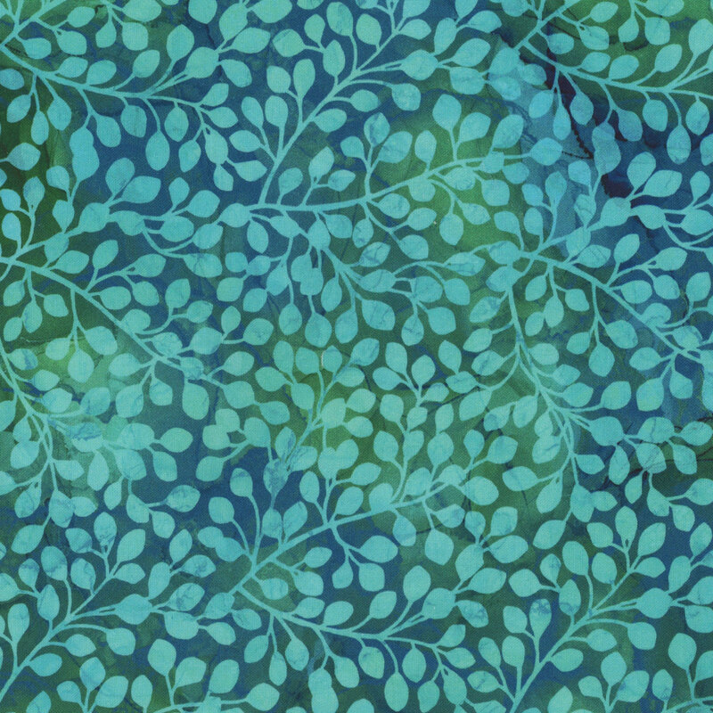 Teal mottled fabric with aqua silhouettes of small leafy branches packed together