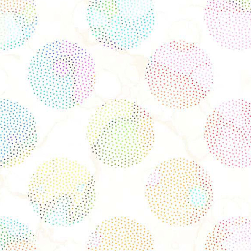 White fabric with large round shapes made up of multicolored dots