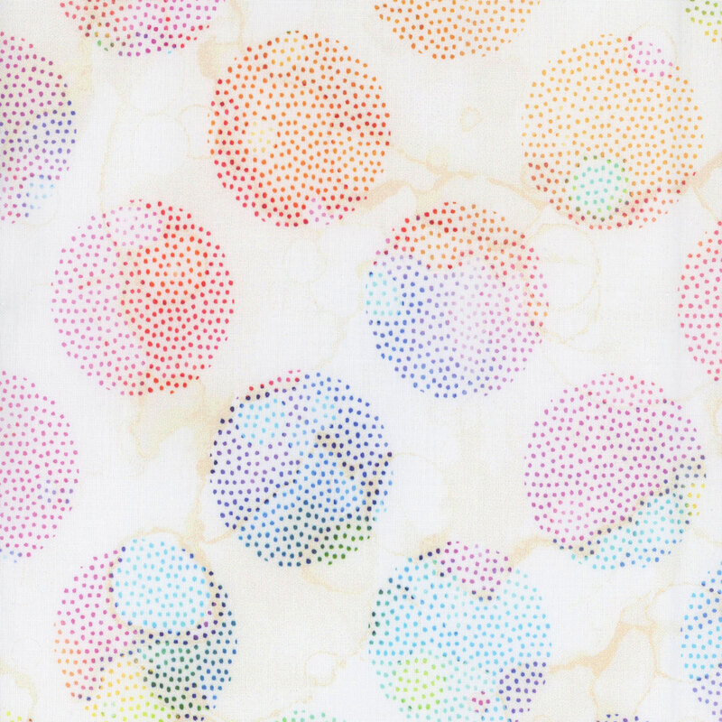 White fabric with large round shapes made up of multicolored dots