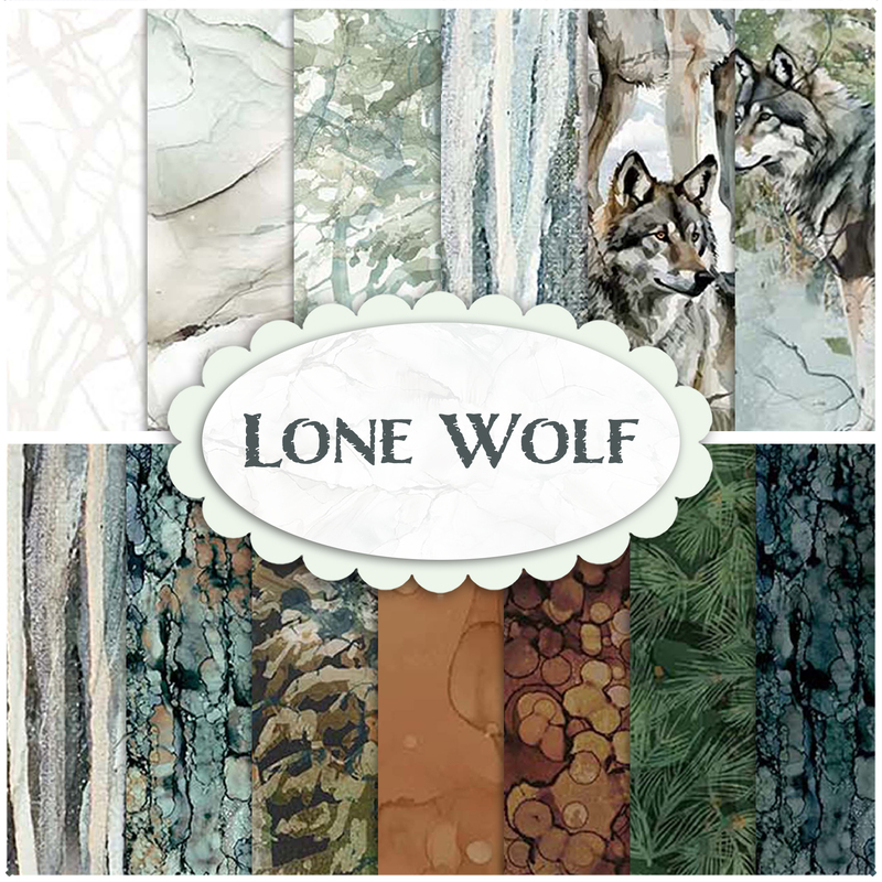 collage of all Lone Wolf fabrics in lovely shades of cream, gray, green, and brown