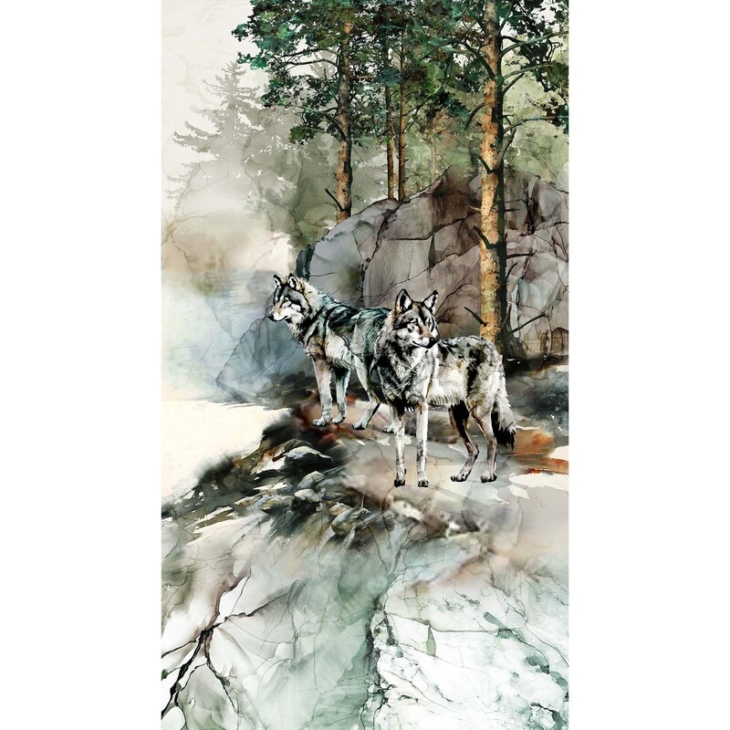 wilderness fabric panel, featuring 2 watercolor wolves on a rocky outcropping, surveying the surrounding pine forest