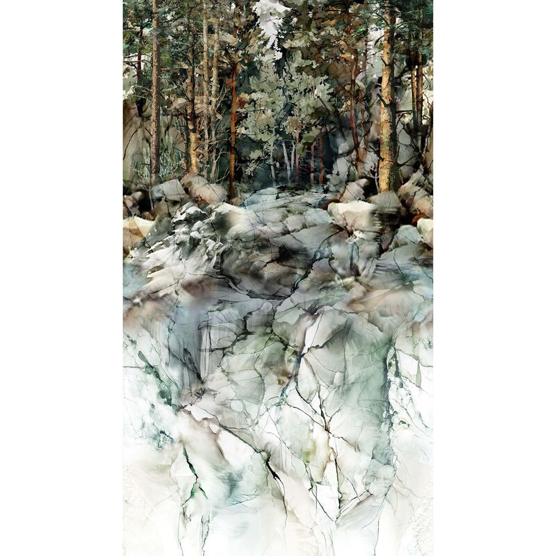 lovely fabric, featuring a watercolor pine forest on a rocky outcropping