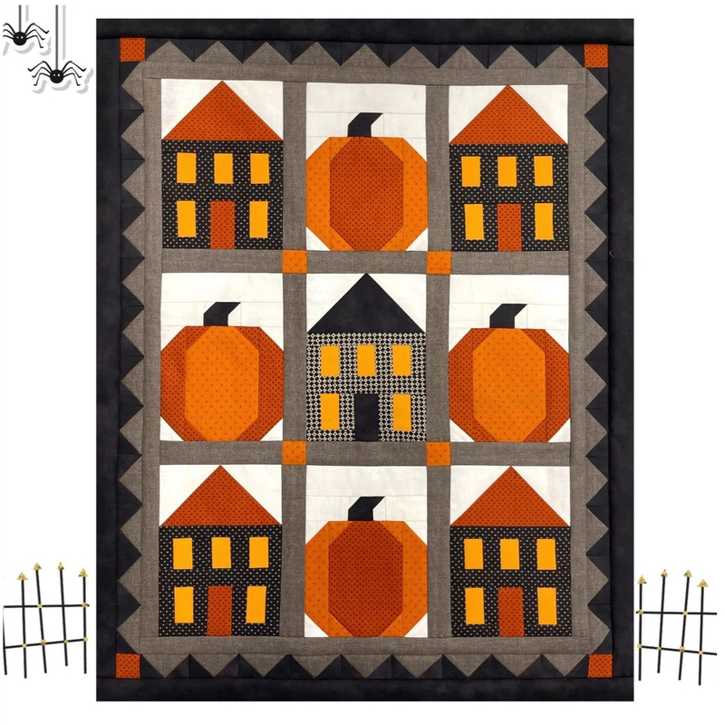Cover photo of the pattern, showing the completed project on a white background with tiny Halloween motifs in three corners.