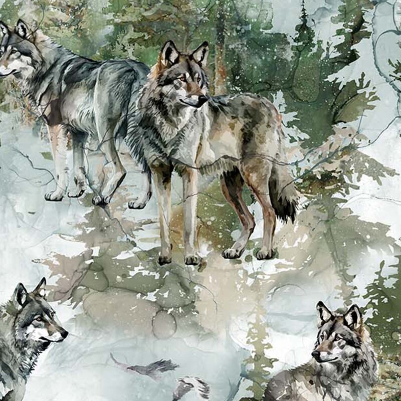 gorgeous fabric featuring scattered wolves over a faded pine forest, all done in a lovely watercolor style