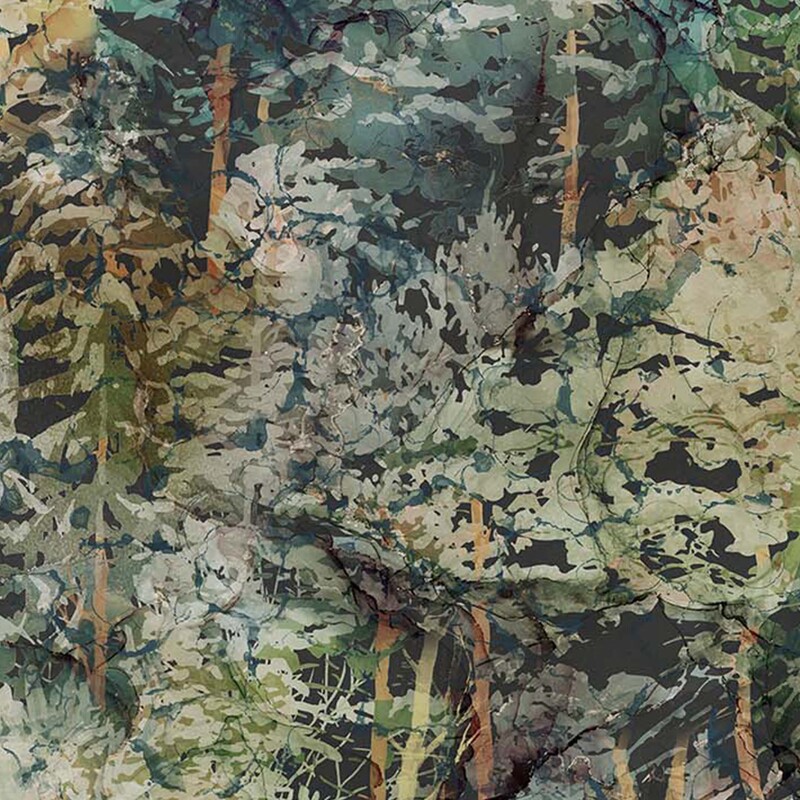 beautiful forest green fabric featuring packed together pine trees, done in a gorgeous watercolor style