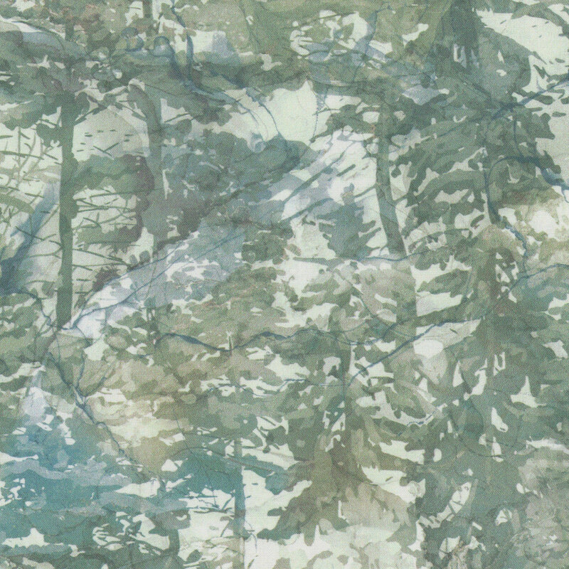 beautiful cream fabric featuring packed together pine trees, done in a gorgeous watercolor style