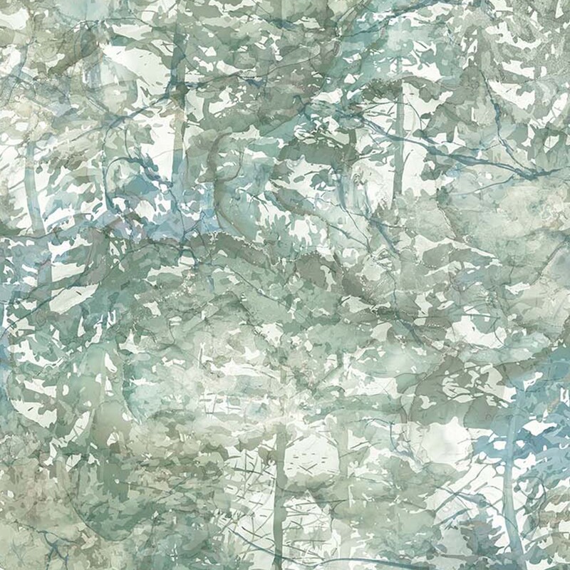 beautiful cream fabric featuring packed together pine trees, done in a gorgeous watercolor style