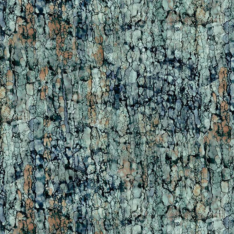 lovely muted teal fabric featuring a watercolor pine bark texture and brown accents