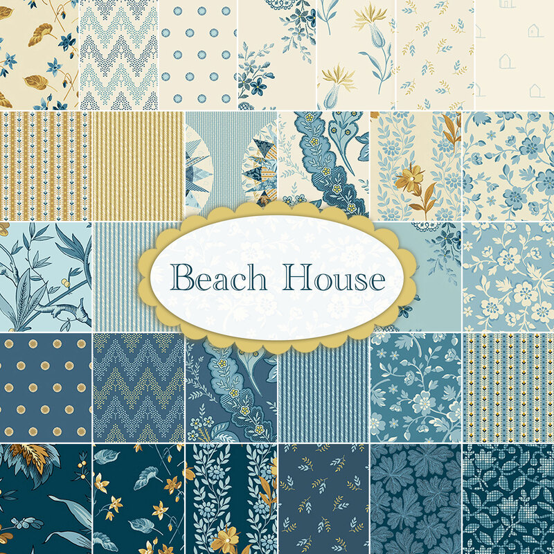 Collage of blue, cream, and yellow fabrics included in the Beach House collection.