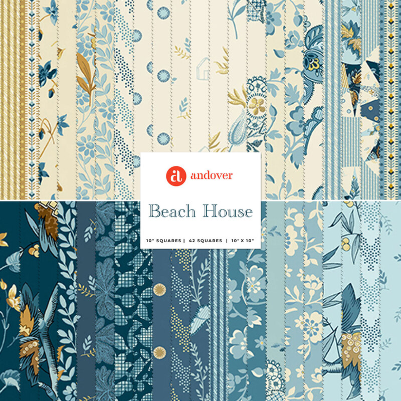 Collage of blue, cream, and yellow fabrics included in the Beach House collection.