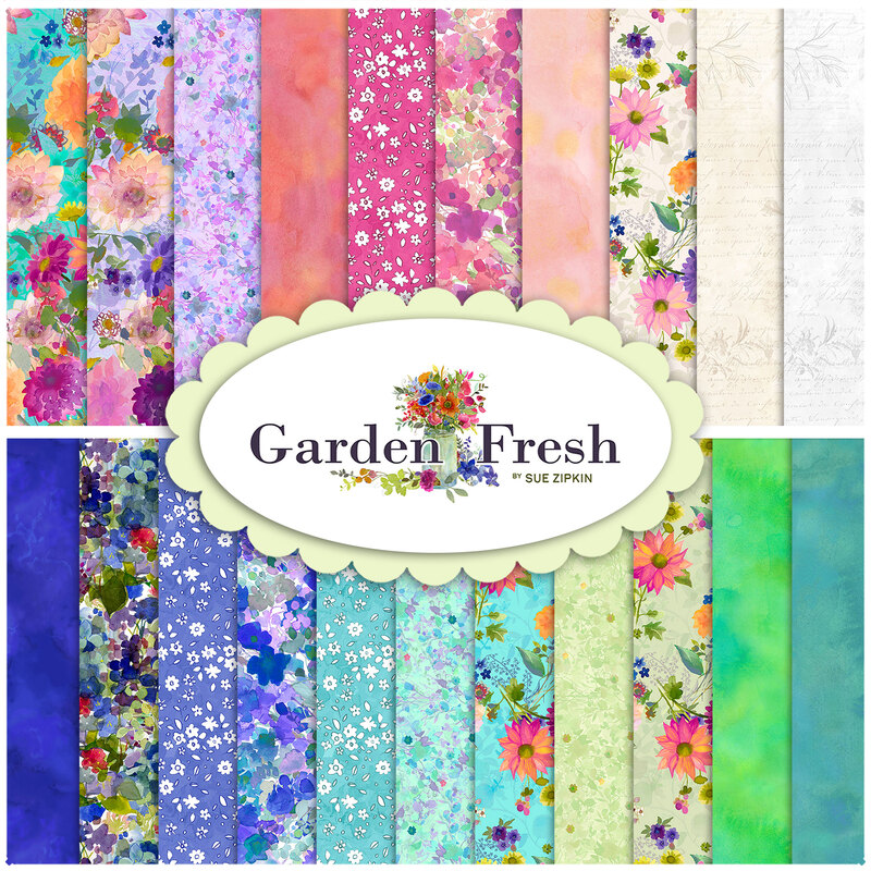 Collage of colorful fabrics included in the Garden Fresh collection.