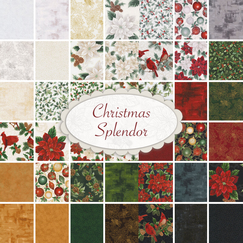 collage of all Christmas Splendor fabrics in lovely shades of white, cream, gold, green, black, and red