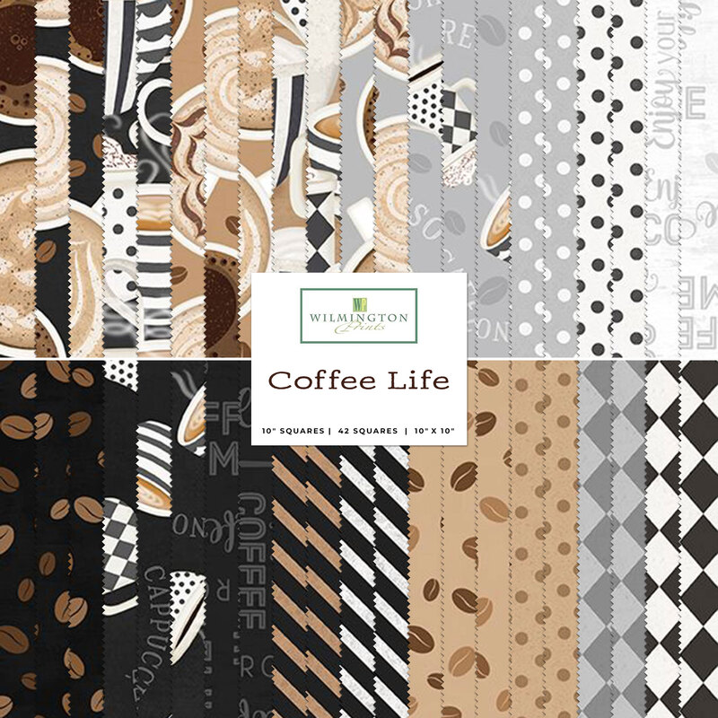 Collage of brown and gray coffee themed fabrics included in the Coffee Life collection.