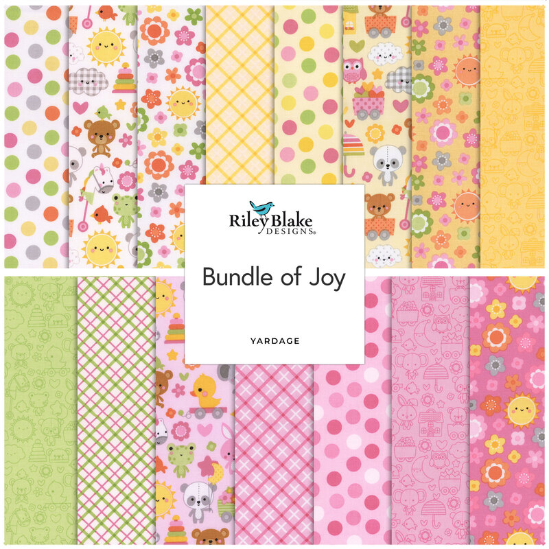 collage of the bundle of joy fabrics in soft pinks, whites, yellows, and greens