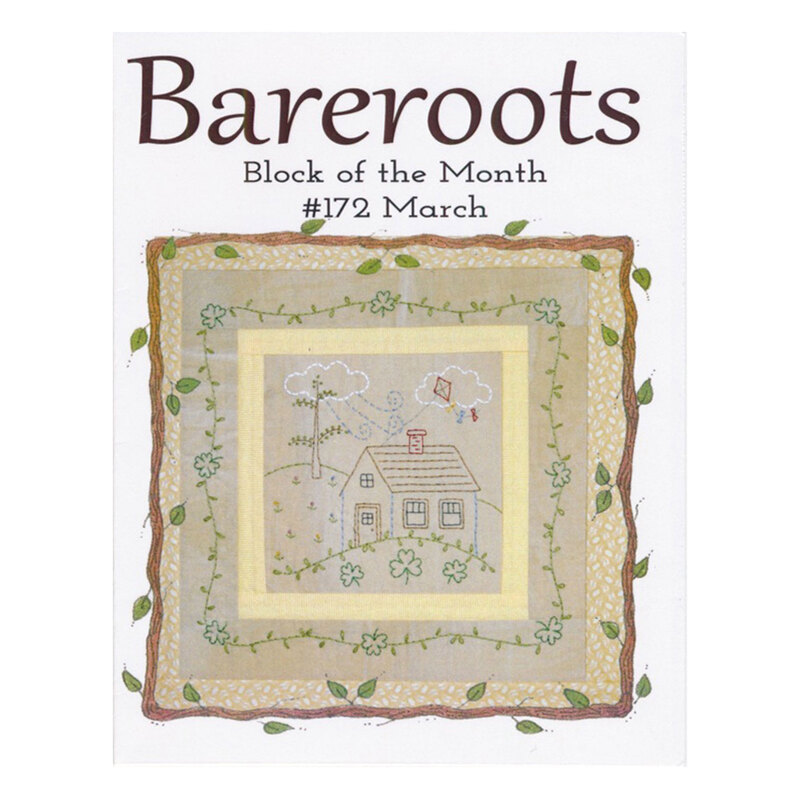 Block of the month March pattern featuring an embroidery of a little house with clovers, flowers, and a kite