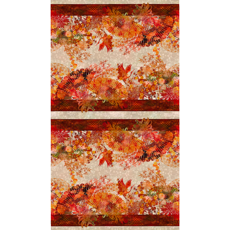 digital image of a thick red border stripe fabric featuring branches, cranes, flowers, and paper fans in tonal reds, oranges, and yellows