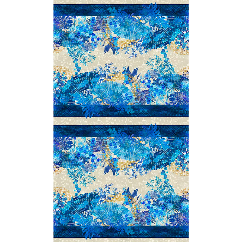 digital image of a thick blue border stripe fabric featuring branches, cranes, flowers, and paper fans in tonal blues, aquas, and yellows