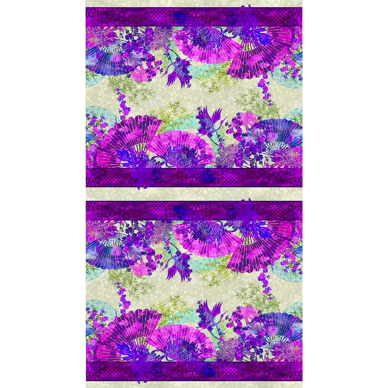digital image of a thick purple border stripe fabric featuring branches, cranes, flowers, and paper fans in tonal purples, blues, and greens