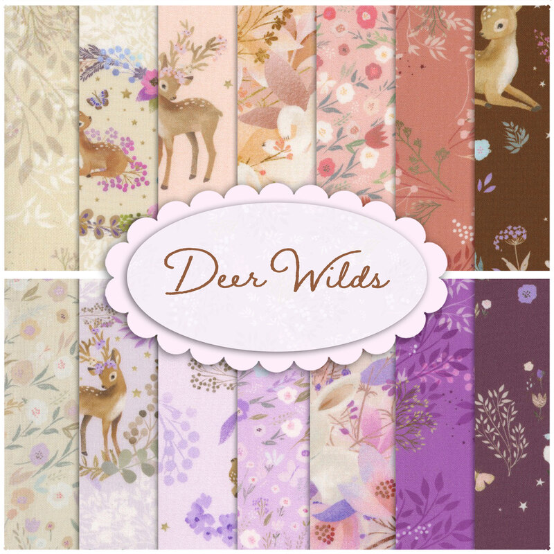 collage of all deer wilds fabrics in soft shades of pink, cream, purple, and brown