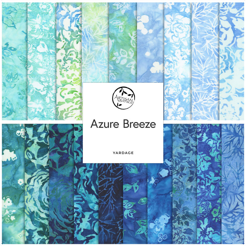 Collage image of fabrics included in the Azure Breeze FQ set