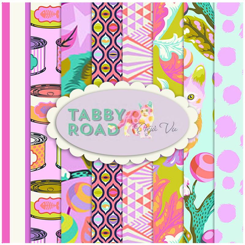 collage of all tabby road deja vu fabrics in bright aqua, pink, and orange