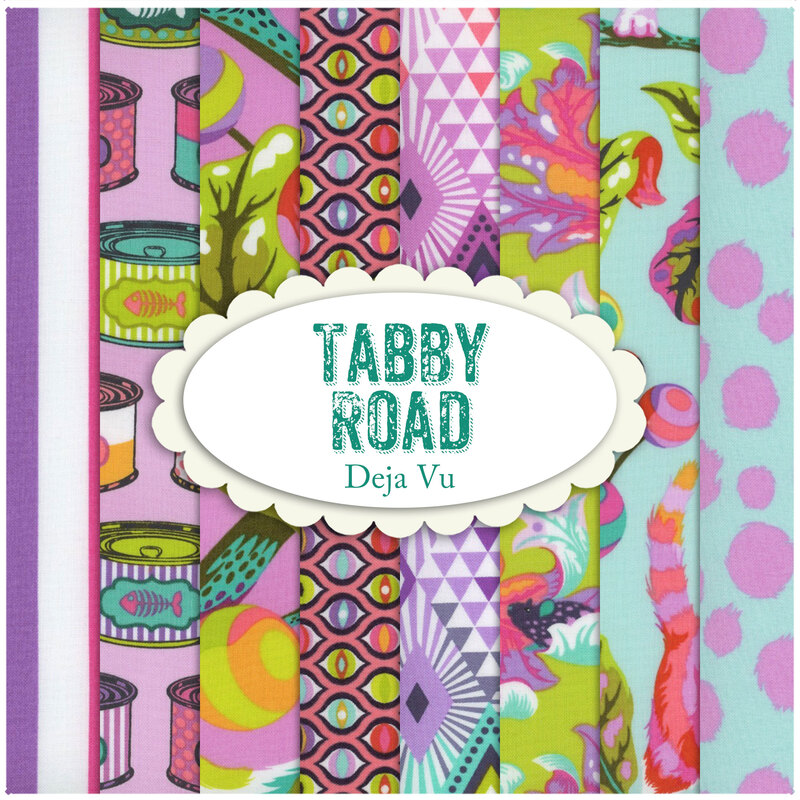 collage of all tabby road deja vu fabrics in bright aqua, pink, and orange