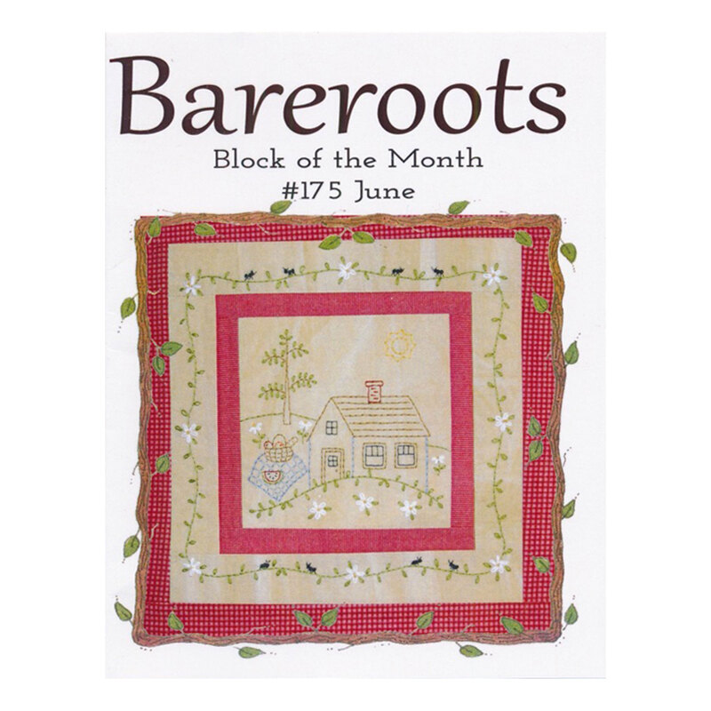 Block of the month June pattern featuring an embroidery of a little house with a picnic and ants on a sunny day