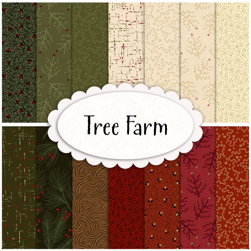Collage image of fabrics included in the Tree Farm Collection