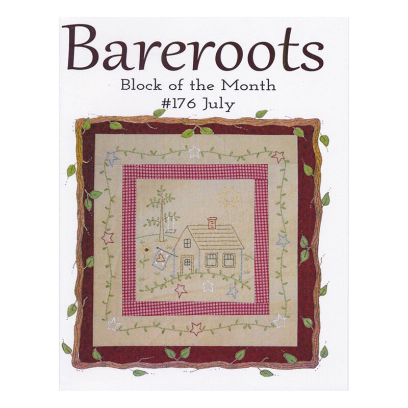 Block of the month July pattern featuring an embroidery of a little house featuring stars and a flag during summer